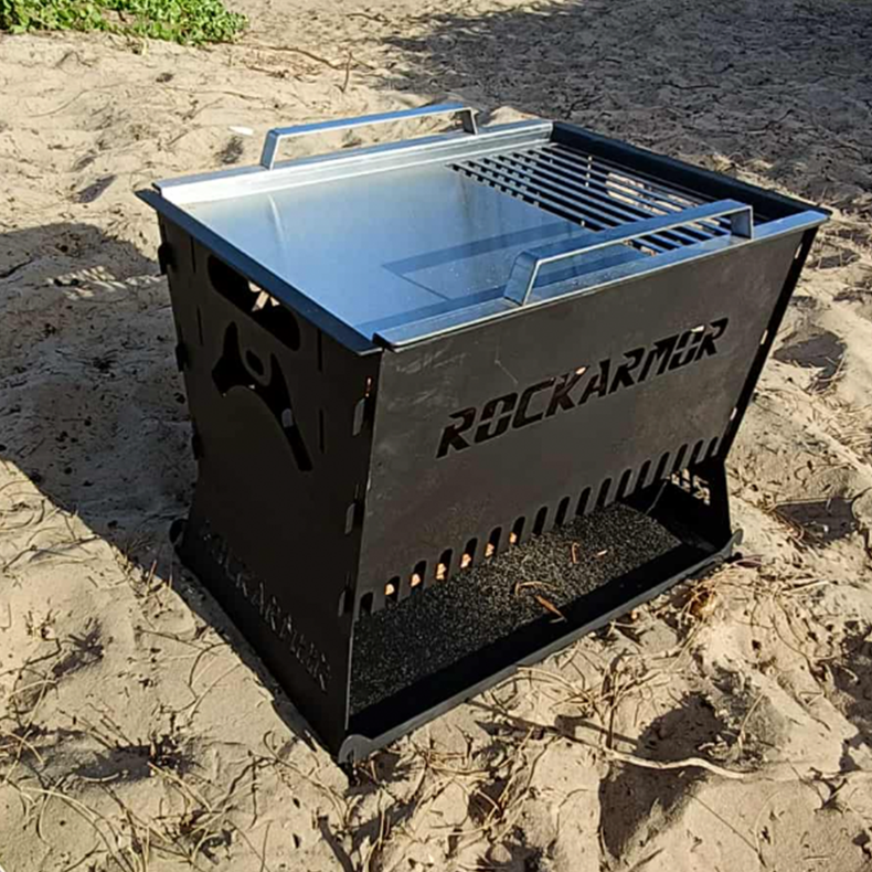 Rockarmor Camp Fire Pit & Grille Plate - 3mm Stainless Steel - (Black)