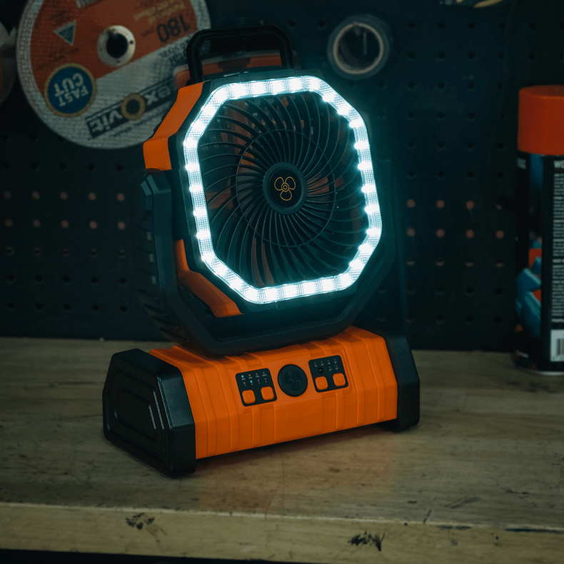 Camping Fan Portable with Remote & LED Light | 360 Rotating | Hanging