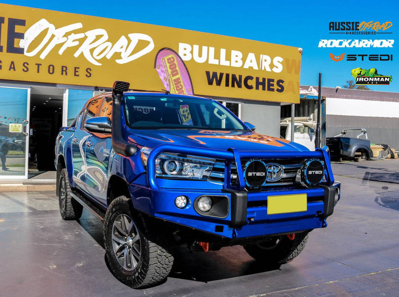 Protek Pack Rockarmor Bull Bar Runva Winch Stedi Spotties Suits Toyota Hilux | 09/2015 -07/2020 | Rockarmor