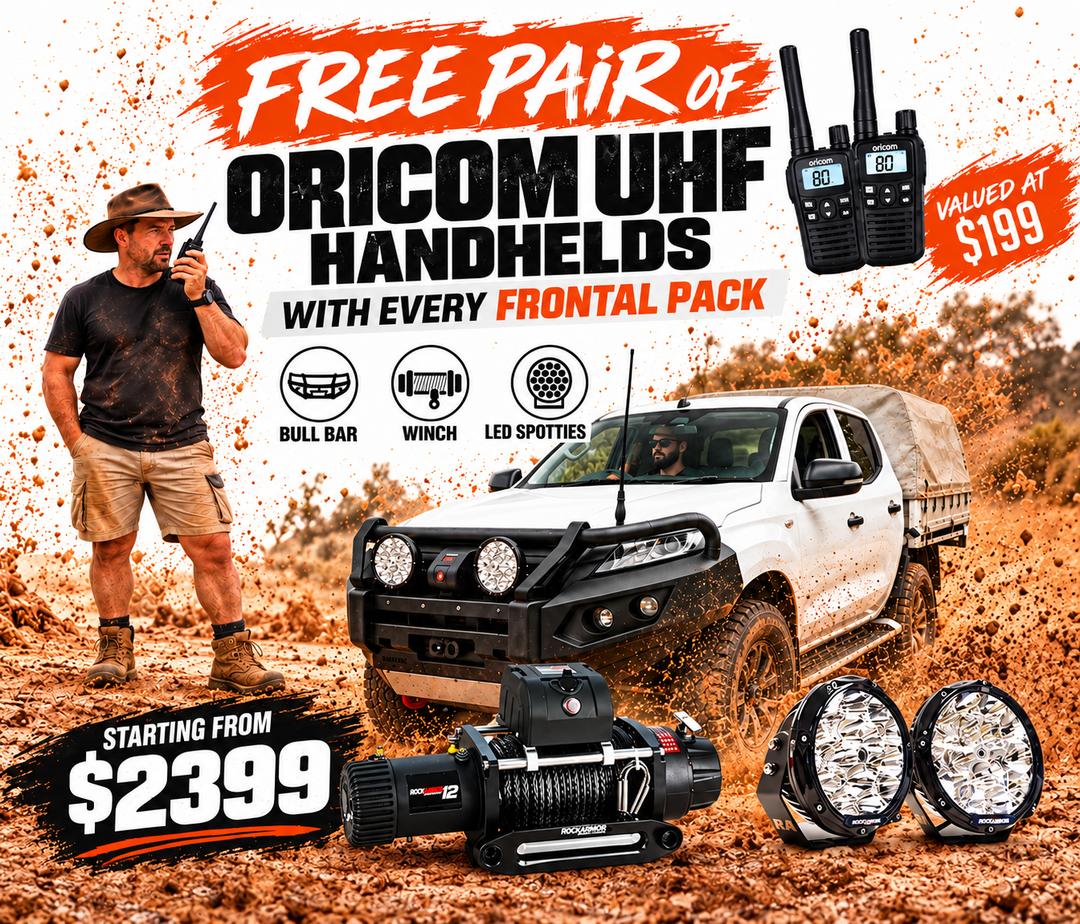 Rockarmor frontal packs from $2399 with winch and LED spotlights, plus free pair of Oricom UHF handhelds valued at $199