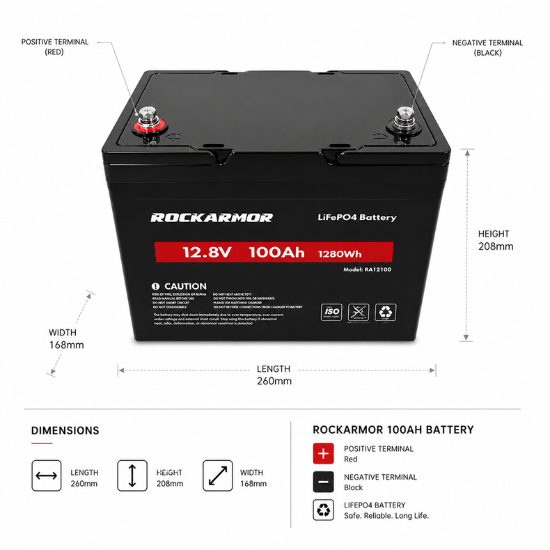 Rockarmor 100ah Lithium Battery Size Dimensions 