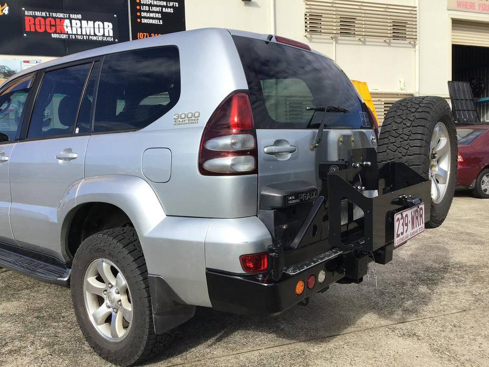 120 Series Prado rear bar Rockarmor wheel carrier