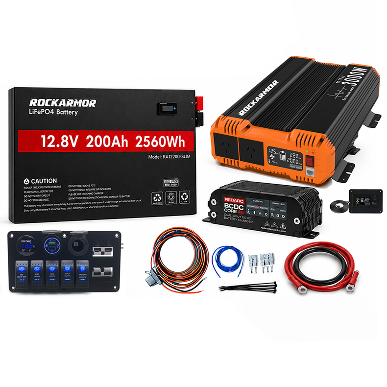 200AH Complete 12V System - Lithium Battery / 3000W Inverter / Redarc 40A DCDC Charger / 12V Switch Panel / Wiring Kit 