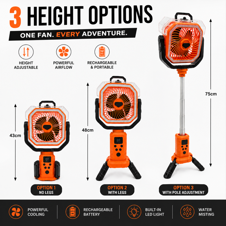 Rockarmor Portable Camping Fan with Height Adjustable Leg, water spray misting, remote control, night lantern led, rotating swivel and built in phone charger 20,000mAh battery 