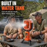 Rockarmor Portable Camping Fan with Height Adjustable Leg, water spray misting, remote control, night lantern led, rotating swivel and built in phone charger 20,000mAh battery 