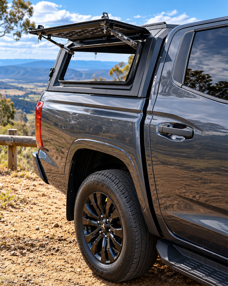 mv triton aluminium canopy - Rockarmor ute accessories - side pop up window
