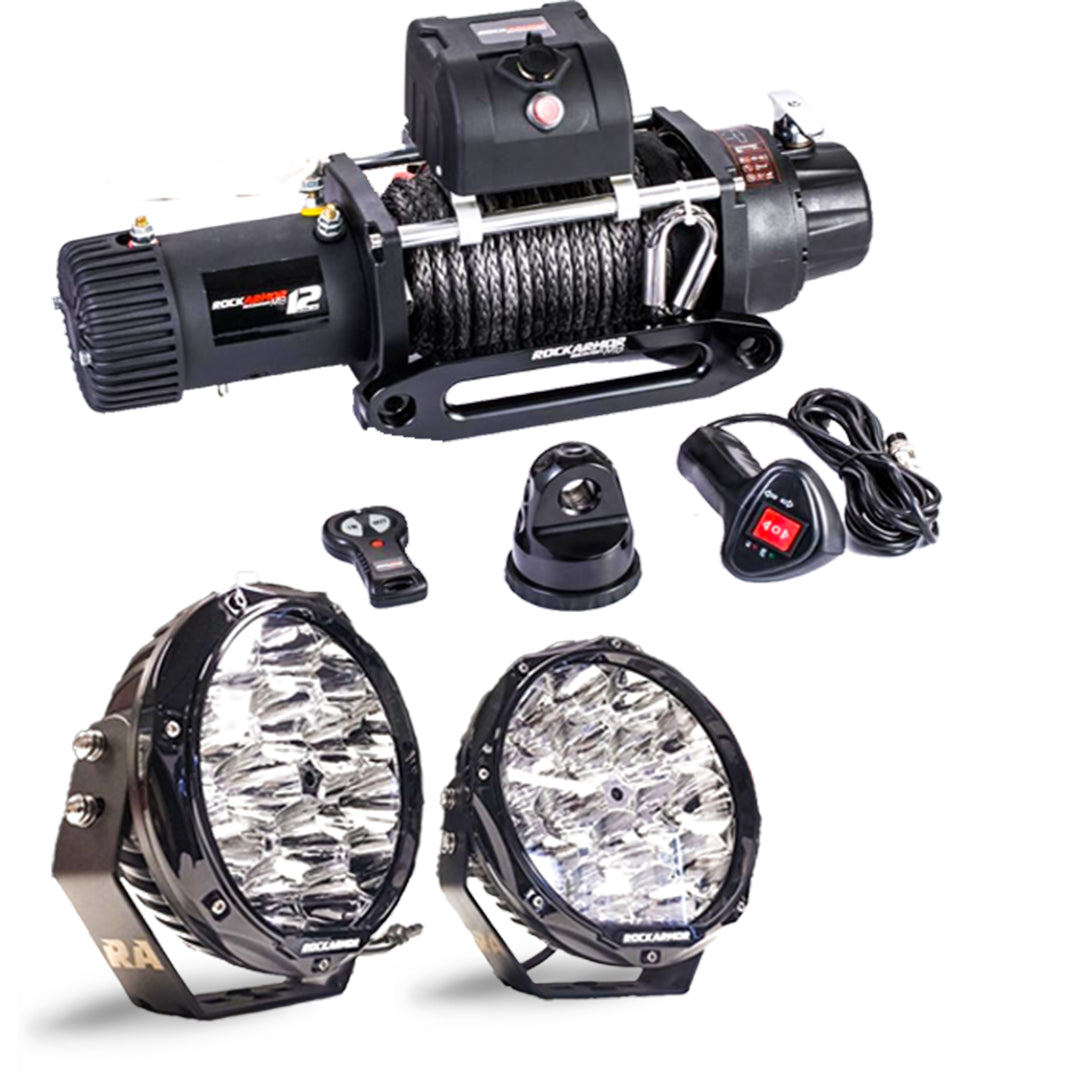 Rockarmor 12,000lbs Winch + R85 LED 8.5" Driving Lights Combo