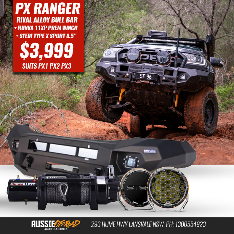 PX Ranger Rival Alloy Bull Bar + Runva Winch & Stedi Type X Spotties