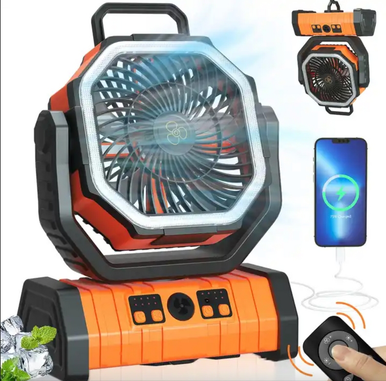 Camping Fan Portable with Remote & LED Light | 360 Rotating | Hanging