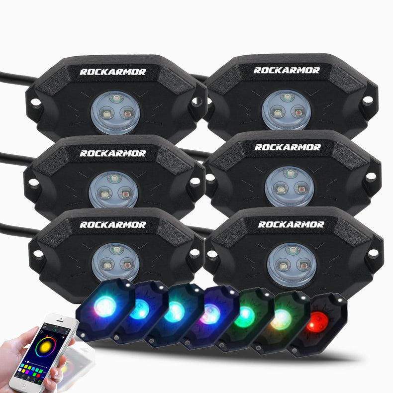 RGB Rock Lights 6 Pod  Bluetooth App Rockarmor 4x4