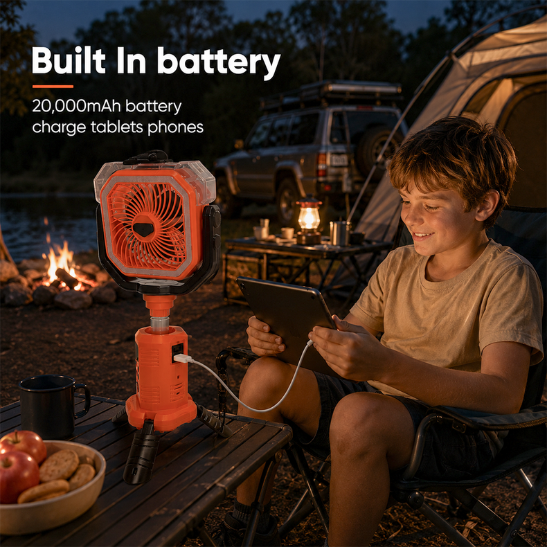 Rockarmor Portable Camping Fan with Height Adjustable Leg, water spray misting, remote control, night lantern led, rotating swivel and built in phone charger 20,000mAh battery 