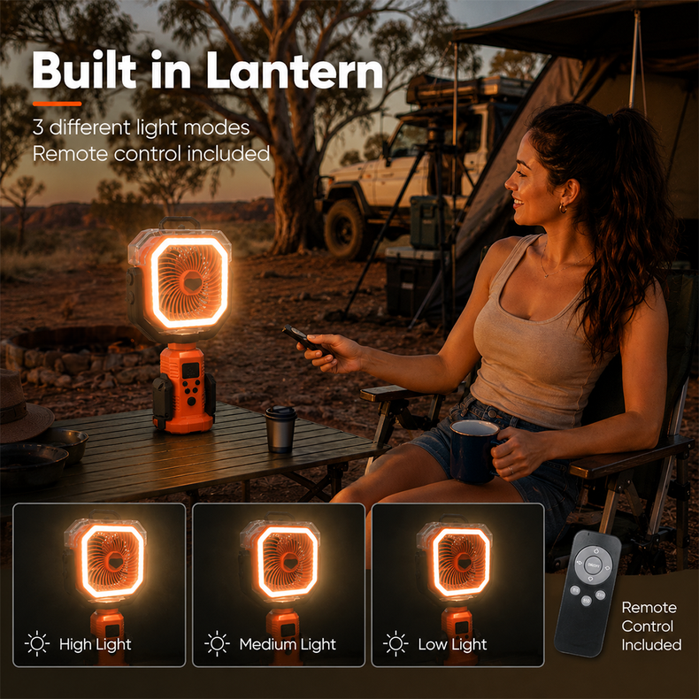 Rockarmor Portable Camping Fan with Height Adjustable Leg, water spray misting, remote control, night lantern led, rotating swivel and built in phone charger 20,000mAh battery 