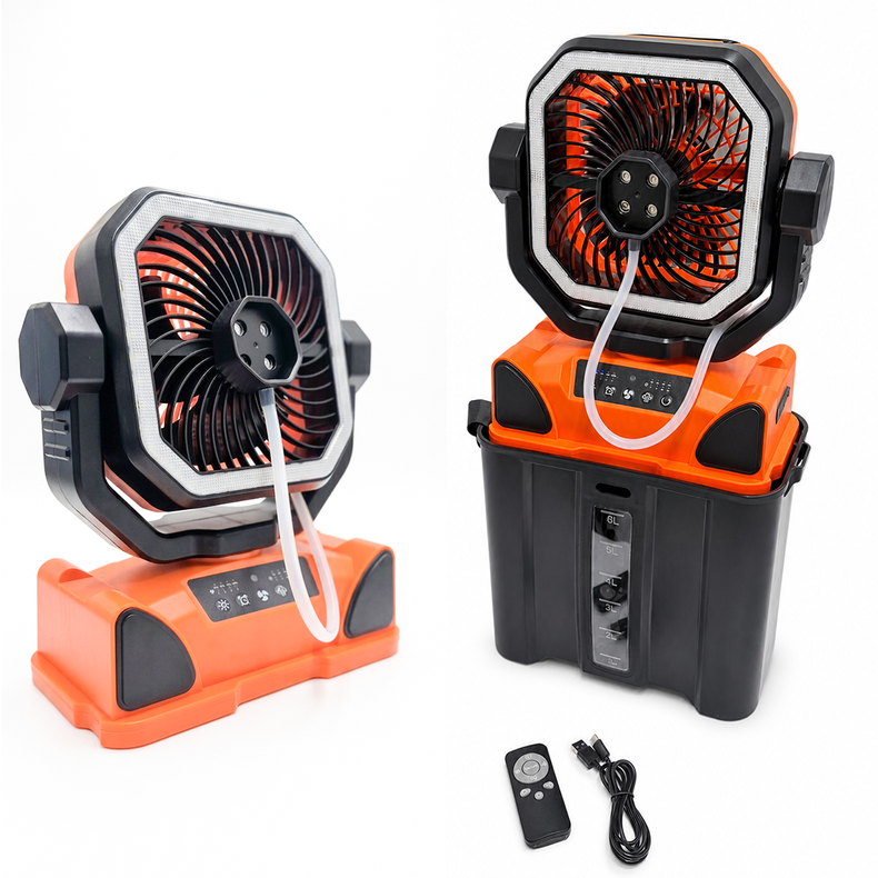 Camping Fan with 6 Litre Water Spray Mister - With Built In Lantern, Swing, Hanger & Remote Controller
