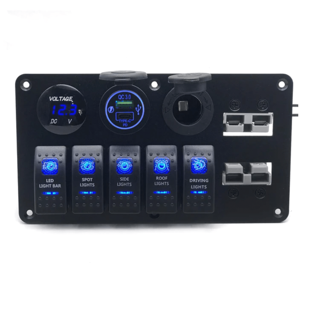 12V Switch Panel Anderson | 5 x Rocker Switch, Ciggie, USB QC 3.0 & Voltmeter