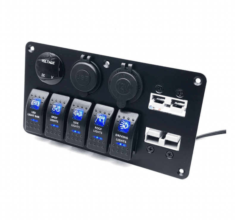 12V Switch Panel Anderson | 5 x Rocker Switch, Ciggie, USB QC 3.0 & Voltmeter