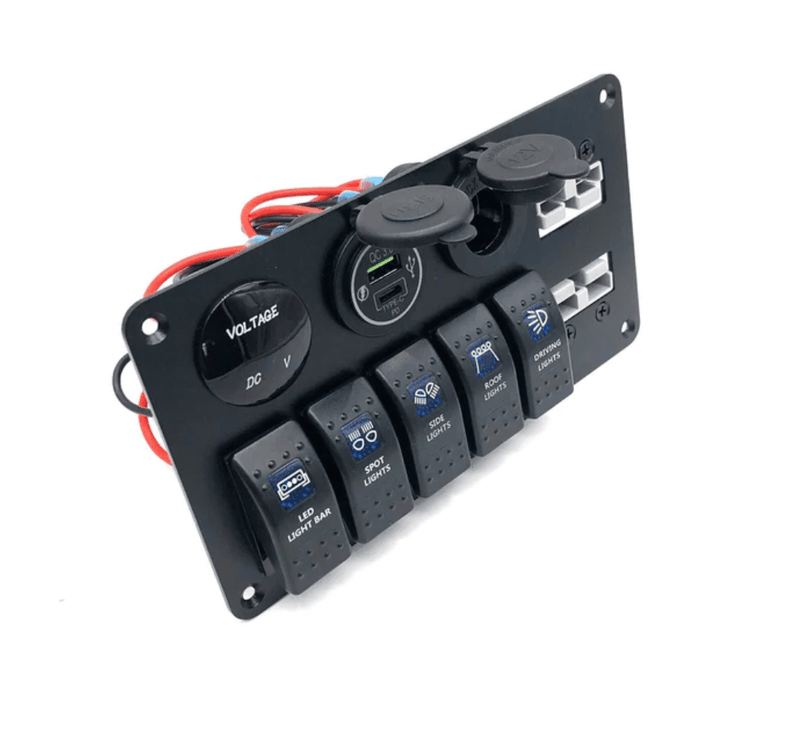 12V Switch Panel Anderson | 5 x Rocker Switch, Ciggie, USB QC 3.0 & Voltmeter
