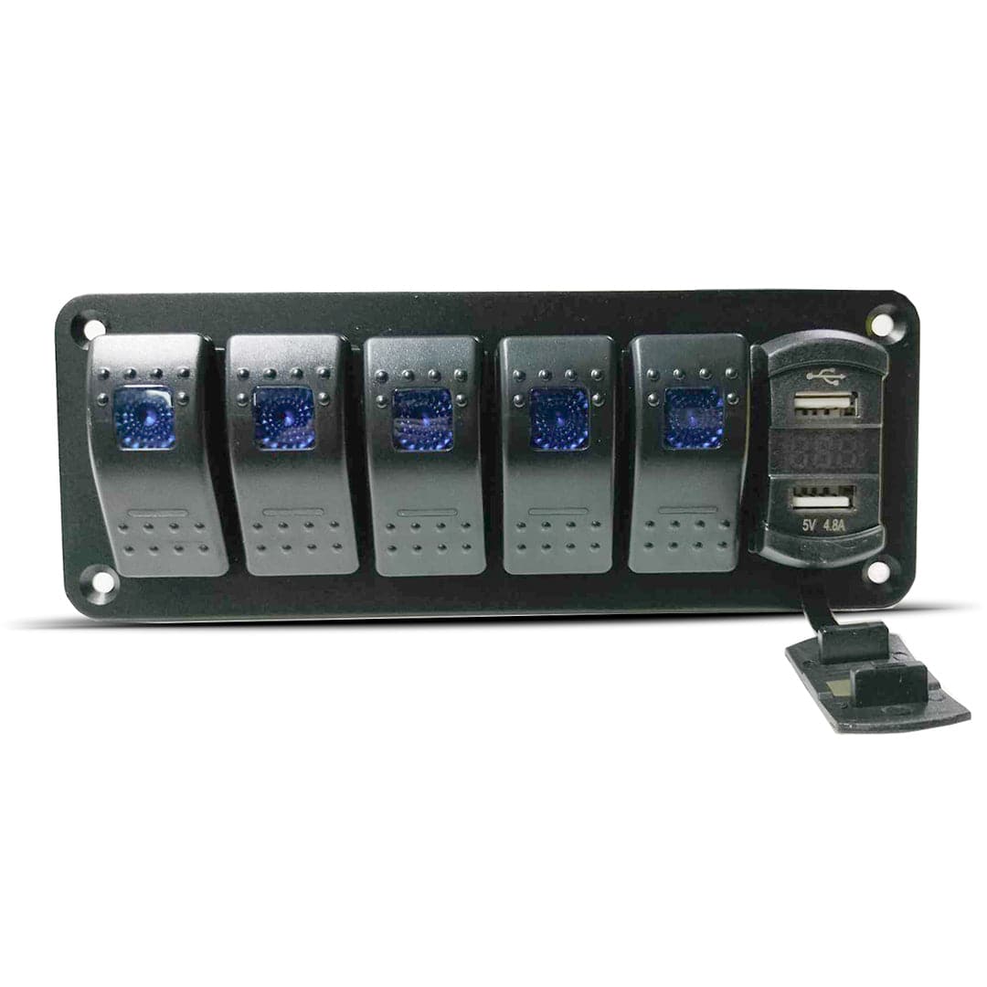 12V Switch Panel - 6 Gang | Dual USB | Rocker Switch Control Panel