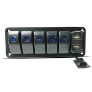12V Switch Panel - 6 Gang | Dual USB | Rocker Switch Control Panel