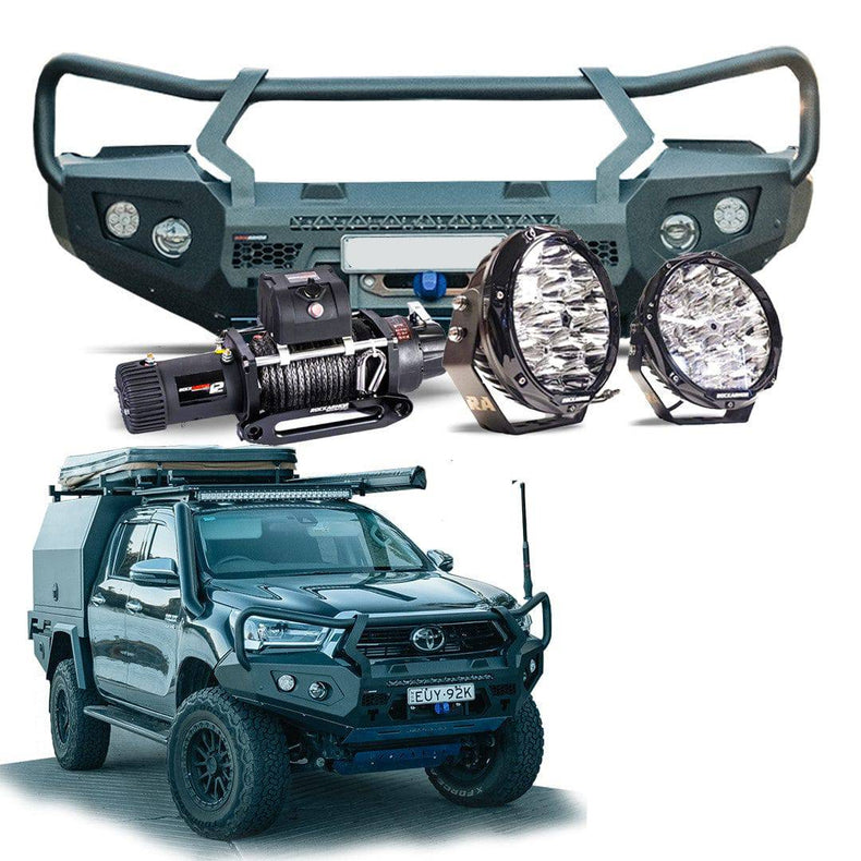 Frontal GT Bull Bar Pack Suits - Hilux 08/2020 - Current 12,000LBS Winch / R85 LED Spotties | Rockamor