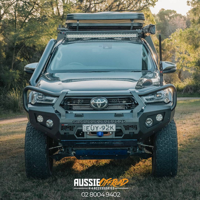 Frontal GT Bull Bar Pack Suits - Hilux 08/2020 - Current 12,000LBS Winch / R85 LED Spotties | Rockamor