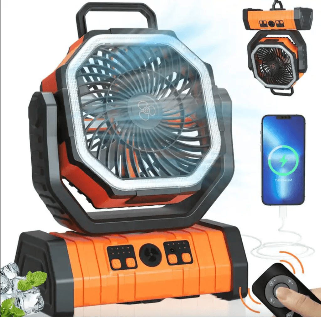 Camping Fan Portable with Remote LED Light 360 Rotating Hanging