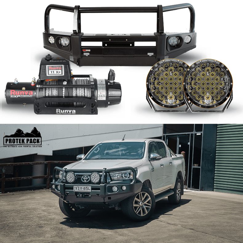 Protek Pack Rockarmor Bull Bar Runva Winch Stedi Spotties Suits Toyota Hilux | 09/2015 -07/2020 | Rockarmor