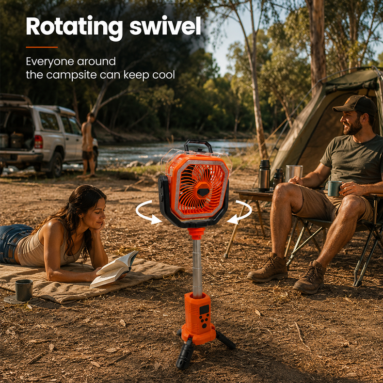 Rockarmor Portable Camping Fan with Height Adjustable Leg, water spray misting, remote control, night lantern led, rotating swivel and built in phone charger 20,000mAh battery 